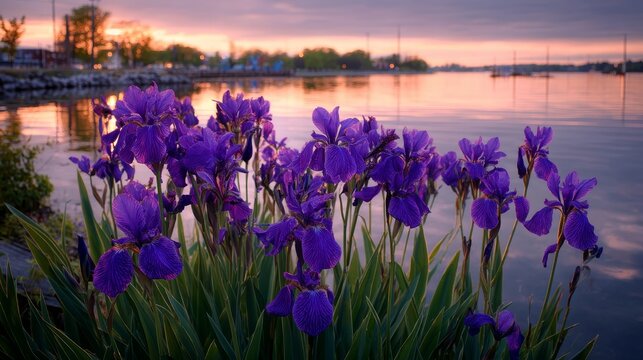 Purple Irises Blooming by a City Lake at Sunset