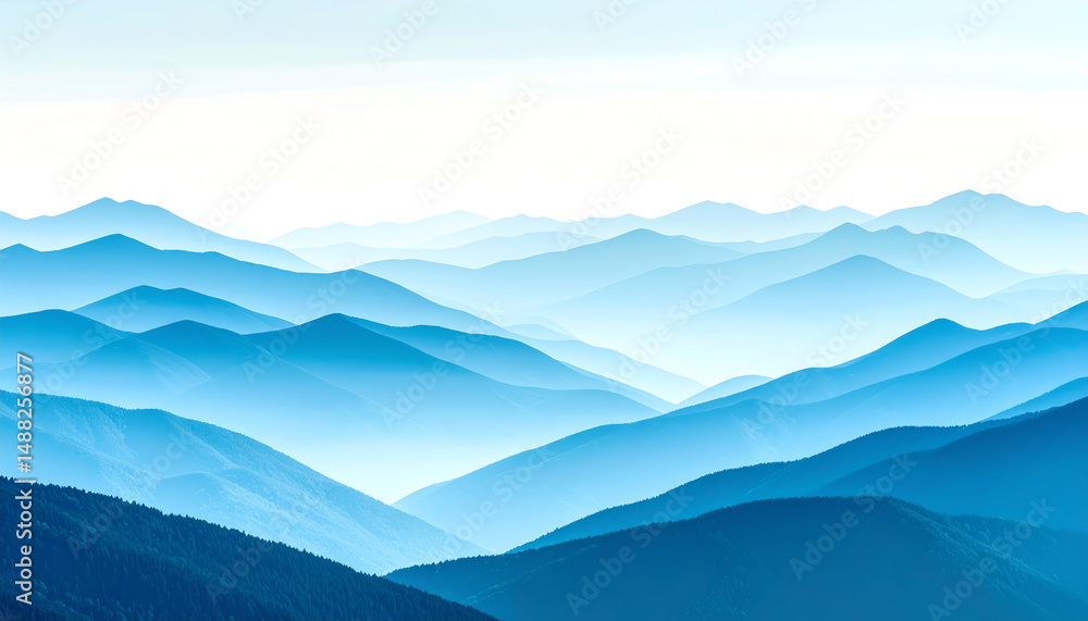 Poster serene blue mountain ranges fade into the distance, creating a tranquil landscape filled with soft c