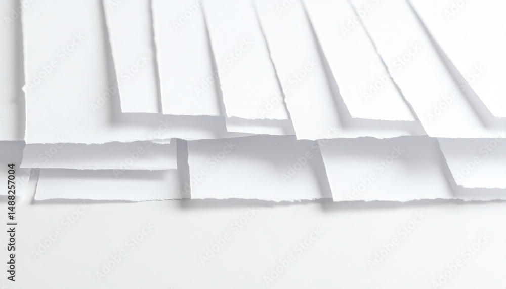 Poster a close-up view of torn white paper sheets layered on a flat surface, showcasing texture and depth i