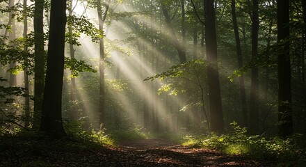 Obraz premium Dappled Sunlight Through Forest Canopy | Abstract Light Shafts, Mystical Woodland Scene, Serene Green Ambiance, Natural Light Play on Forest Floor, Tranquil Woods