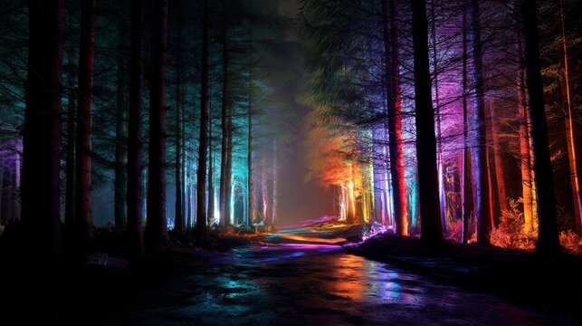 Rainbow Illuminated Path Through Dark Forest at Night