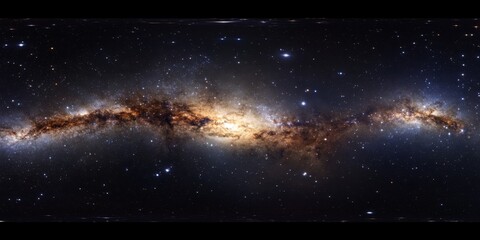 Equirectangular photograph of deep space, featuring a nebula, stars, and a dark background