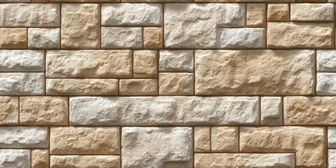 Obraz premium A textured stone wall with rectangular beige and cream blocks arranged in a modern, geometric pattern.