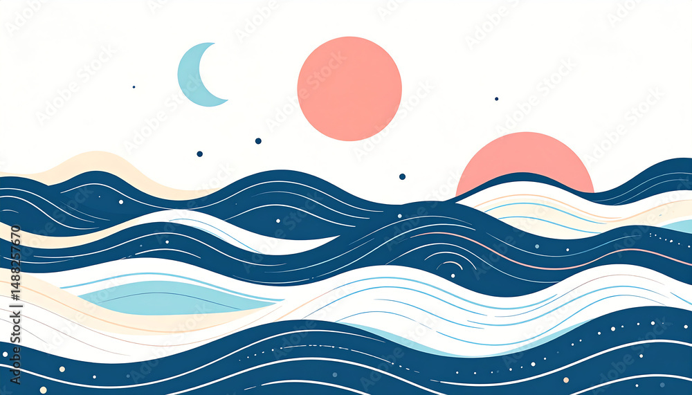Poster stylized waves with soft curves and abstract celestial elements create a serene ocean scene with a m