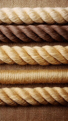 Close-up of various beige and brown ropes on burlap background, showcasing texture and color variations for design inspiration