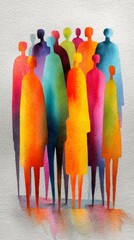 Abstract watercolor painting of diverse human silhouettes standing together.