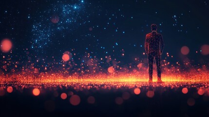 Abstract figure standing on a digital landscape