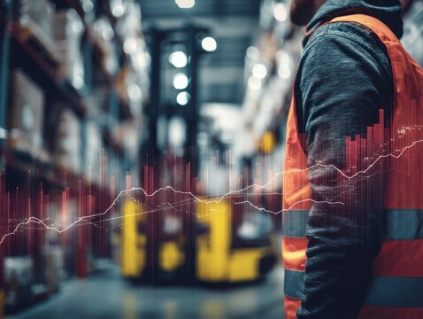 Worker in warehouse with forklift and stock market graph overlay. - Powered by Adobe