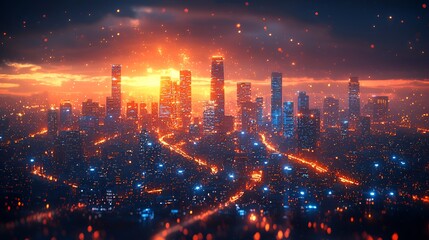 Fototapeta premium Cityscape at fiery sunset