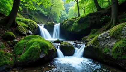 Waterfall cascading over mossy rocks, lush green forest, untouched, view