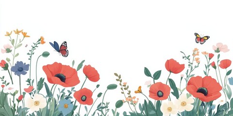 Illustration of Red Poppies and Butterflies in a Garden