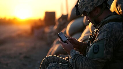 A soldier in digital camouflage sits against a sandbag wall, focused on his smartphone screen, fingers tapping gently while the golden dusk light reflects on his gear.