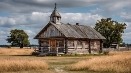 Obraz premium Rustic wooden church in countryside field under partly cloudy sky.