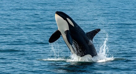 Fototapeta premium Majestic orca breaching ocean surface wildlife photography marine mammal killer whale sea animal nature view on transparent background
