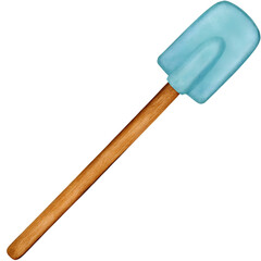 Watercolor illustration of a blue spatula with wooden handle on a transparent background.