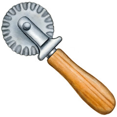 Watercolor illustration of a pastry wheel cutter on a transparent background.