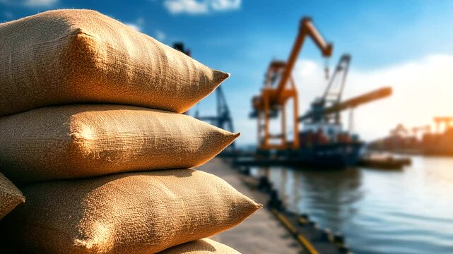 Close-up of wheat grain bags being stacked on a dockside, cranes operating in the background, symbolizing agricultural export and food security amid global trade demand