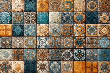 Colorful vintage ceramic tiles with intricate patterns.