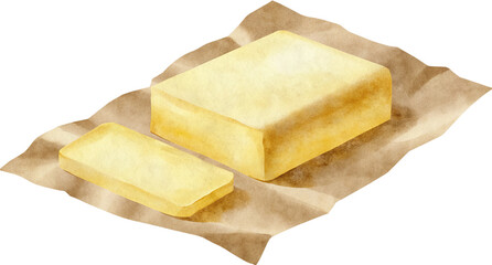Watercolor illustration of butter on parchment paper on a transparent background.