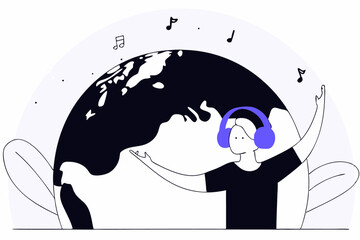 Person with headphones enjoying music around the earth globe with musical notes in a vibrant global soundscape