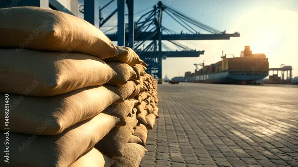 Aufkleber rows of wheat grain sacks neatly stacked on a port dock, ready for loading onto large cargo vessels.