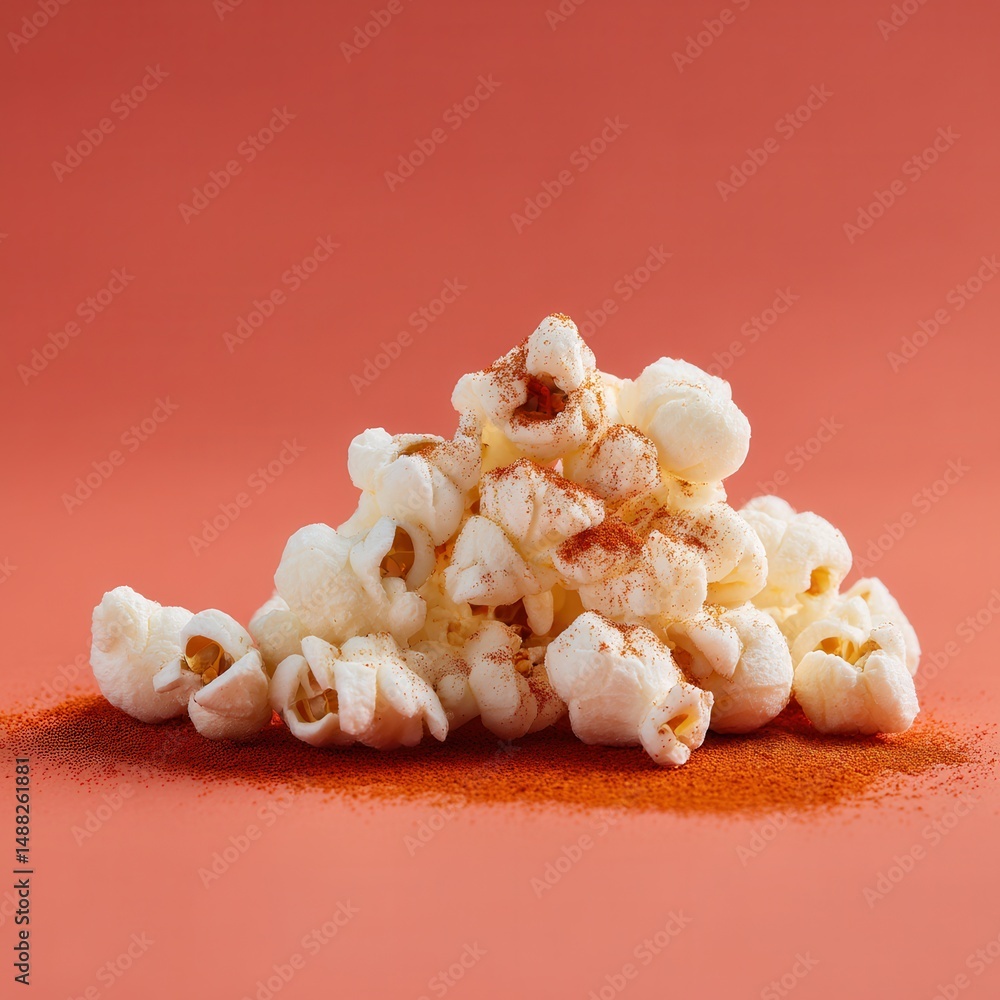 Aufkleber pile of popcorn with a dusting of red seasoning. close-up view against a simple peach background. sn