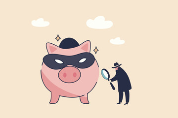 Financial crime, fraud, Ponzi scheme or illegal business, money laundering or fake investment concept, detective man with magnifying glass investigate on pink piggy bank wearing criminal mask.