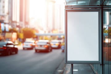 Blank advertising display in a bus stop, urban setting with blurred traffic backdrop, sunlight effect on the cityscape advertisement.