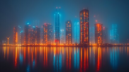 Fototapeta premium Misty Night Cityscape Reflections