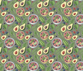 Seamless vector design of avocado, smoothie bowl, leafy greens.