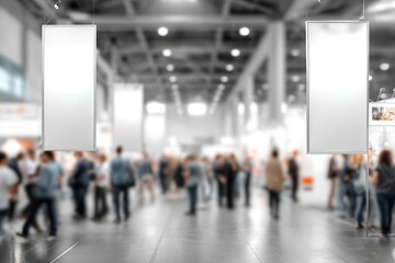 Fototapeta premium A bustling trade fair, teeming with attendees, featuring hanging vertical signs. The dynamic atmosphere encourages exploration and networking.