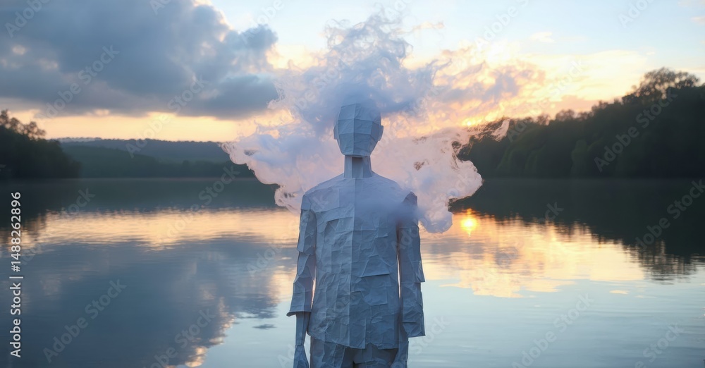 Poster figure constructed from paper stands in water. sunset reflects on surface, creating dramatic light. 