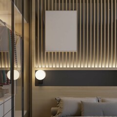 closeup mockup poster in modern contemporary bedroom. 3d rendering