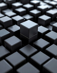 A close-up view of an arrangement of black cubes, creating a visually striking pattern with one cube standing out among the others