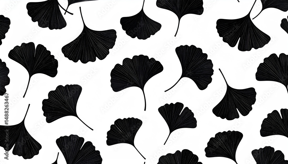 Poster black ginkgo leaves are scattered in a stylish pattern on a white background, creating a modern and 