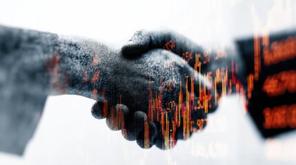 Two hands shaking with digital overlay representing data or technology.