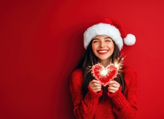 Happy woman in Santa hat holds sparkling heart.