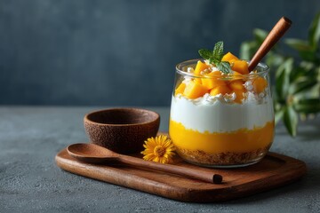 Fototapeta premium Mango yogurt in glass jar with spoon