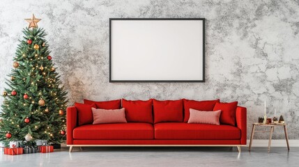 Christmas living room scene with red couch and decorated tree.