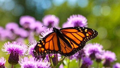 Fototapeta premium Monarch butterfly on purple wildflowers summer nature scene with detailed wings