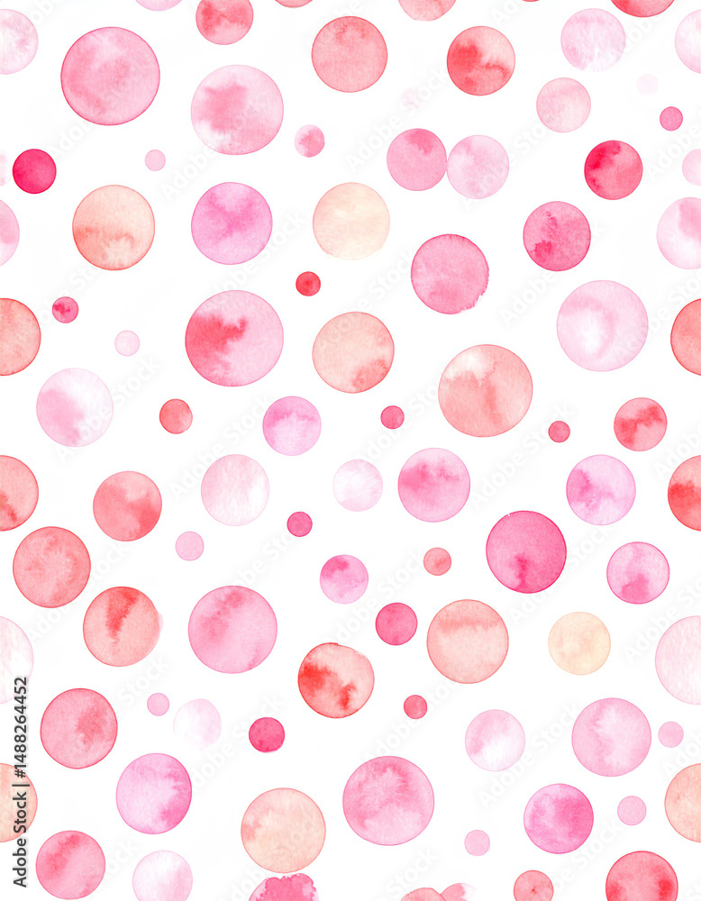 Poster a pattern of colorful pink and red watercolor circles on a white background, creating a vibrant and 