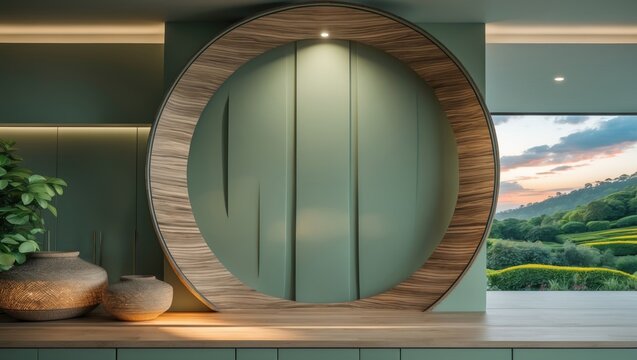 Backdrop wall template design with a green circular wood background, required landscape, classic contemporary theme