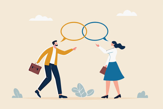 Customer engagement, emotional connection between customer and brand, loyalty, consumer trust or deep relationship concept, businessman represent brand talk with customer as linked speech bubble.
