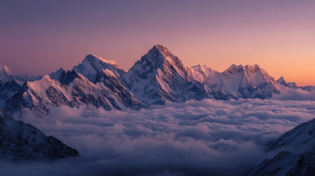 Snowcapped Mountain Peaks at Sunset Over a Sea of Clouds - Powered by Adobe