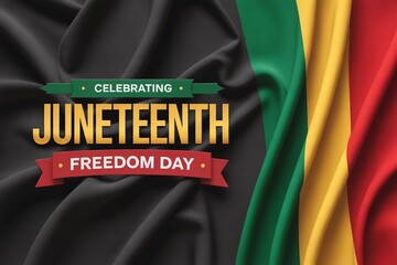 Celebrating juneteenth freedom day on a black green yellow and red draped fabric