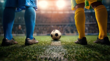 soccer players weenng different colored jerseys stand opposite each other on the football field, with a football on the grass in the middle