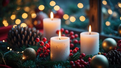 Seasonal Christmas card with holiday ambiance, burning candles, and natural decorations