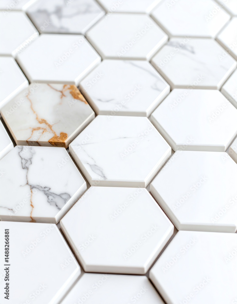 Aufkleber a close-up of hexagonal marble tiles, featuring a mix of white and golden veining, creating a modern