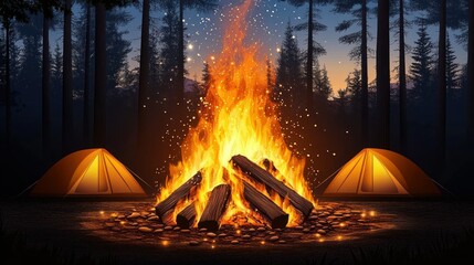 Campfire in a tranquil forest at dusk.  Two tents near a vibrant blaze