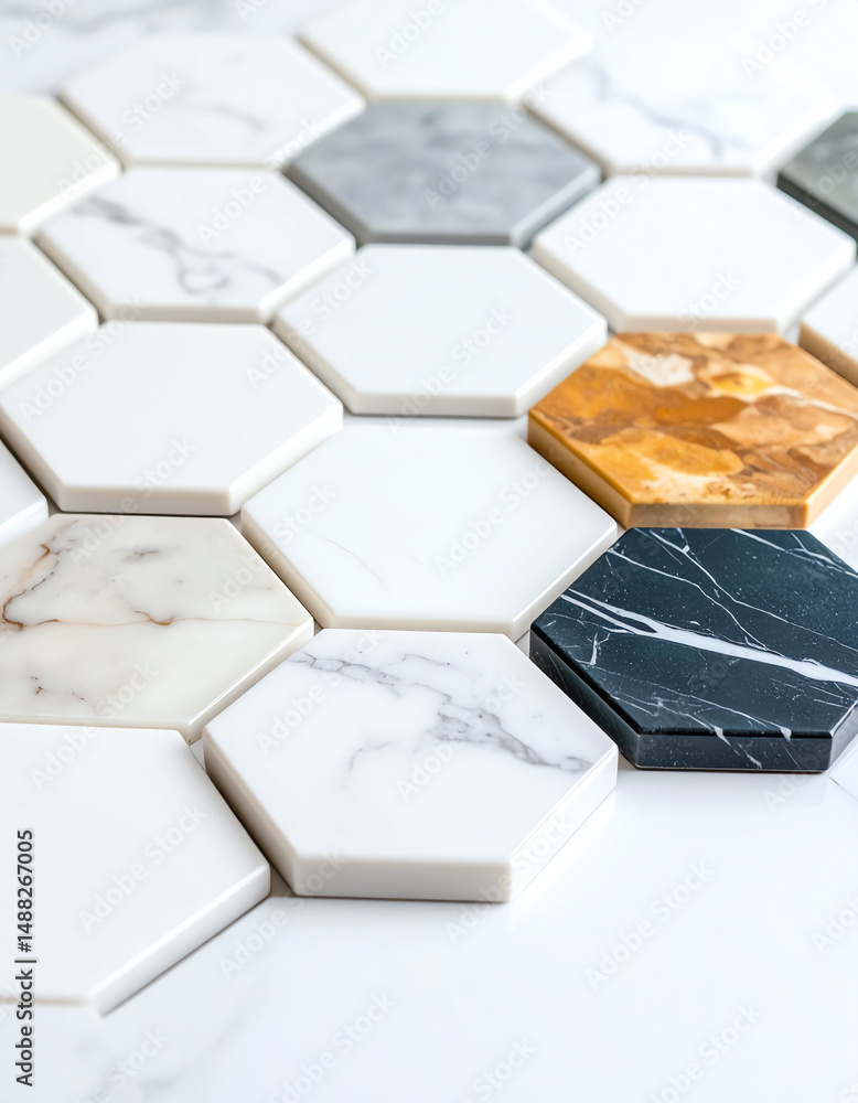 Poster a seamless arrangement of hexagonal tiles in various shades and patterns, showcasing marble-like tex